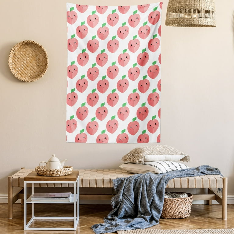 Peach Tapestry Kawaii Style Fruits with Smiling Faces and a Leaf Funny Cartoon Pattern Wall Hanging for Bedroom Living Room Dorm Decor 40W X 60L Inches Pastel Pink White Green by Ambesonne