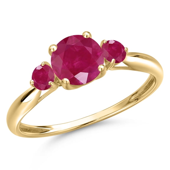 Gem Stone King 10K Yellow Gold Red Ruby 3-Stone Ring for Women | 1.31 Cttw | Round 6MM | Gemstone July Birthstone | Size 9