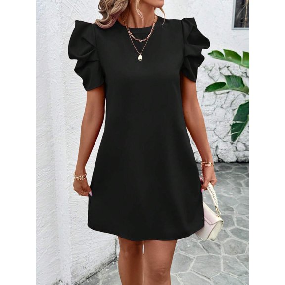 Black Women Solid Color Round Neck Puff Sleeve Casual A-Line Mini Dress