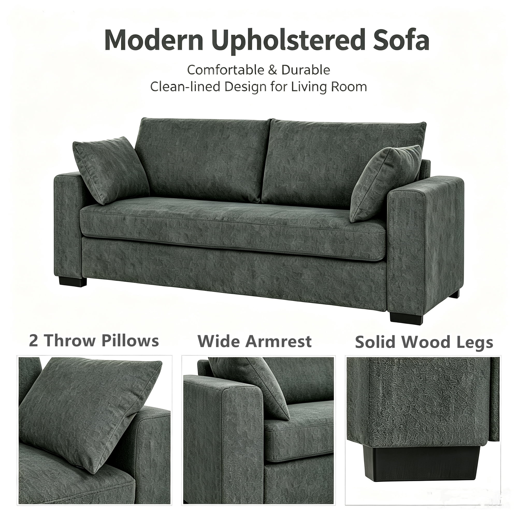 Aukfa 79" Modern Upholstered Sofa Couch 3 Seat Sofa for Living Room Bedroom, 2 Pillows, Chenille, Gray