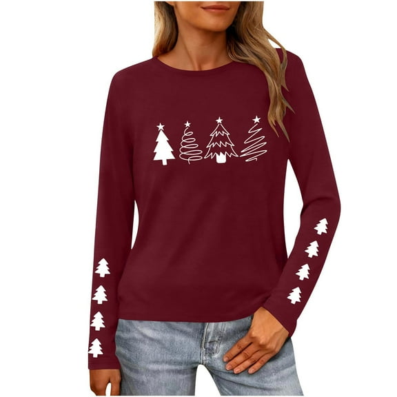 Christmas Tree Shirt Women Christmas Embroidered Trees Long Sleeve Shirts Gift Xmas Graphic Tee Tops