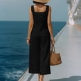 thumbnail image 4 of TEAJOPSUU Womens Summer Linen 2 Piece Solid Sets Matching Travel Outfits Sleeveless Square Neck Button Down Tank Tops Elastic Wide Leg Capri Pants Sets Black, 4 of 7