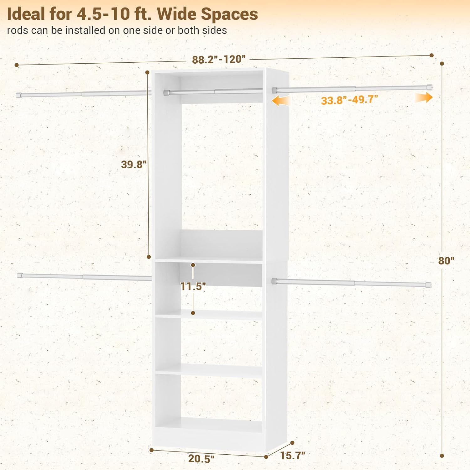 Homieasy 20.5 - 120'' W Closet System with Hanging Rods(Cut to Fit), White