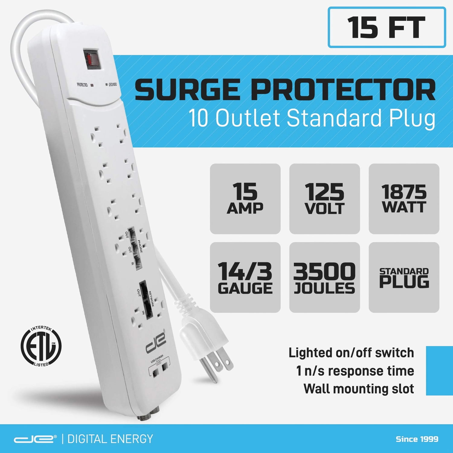Digital Energy 15-Foot Long Extension Cord, 3500 Joules, 10-Outlet Surge Protector Power Strip, Two Usb Charging Ports, Coaxial and Phone Protection, Etl Listed