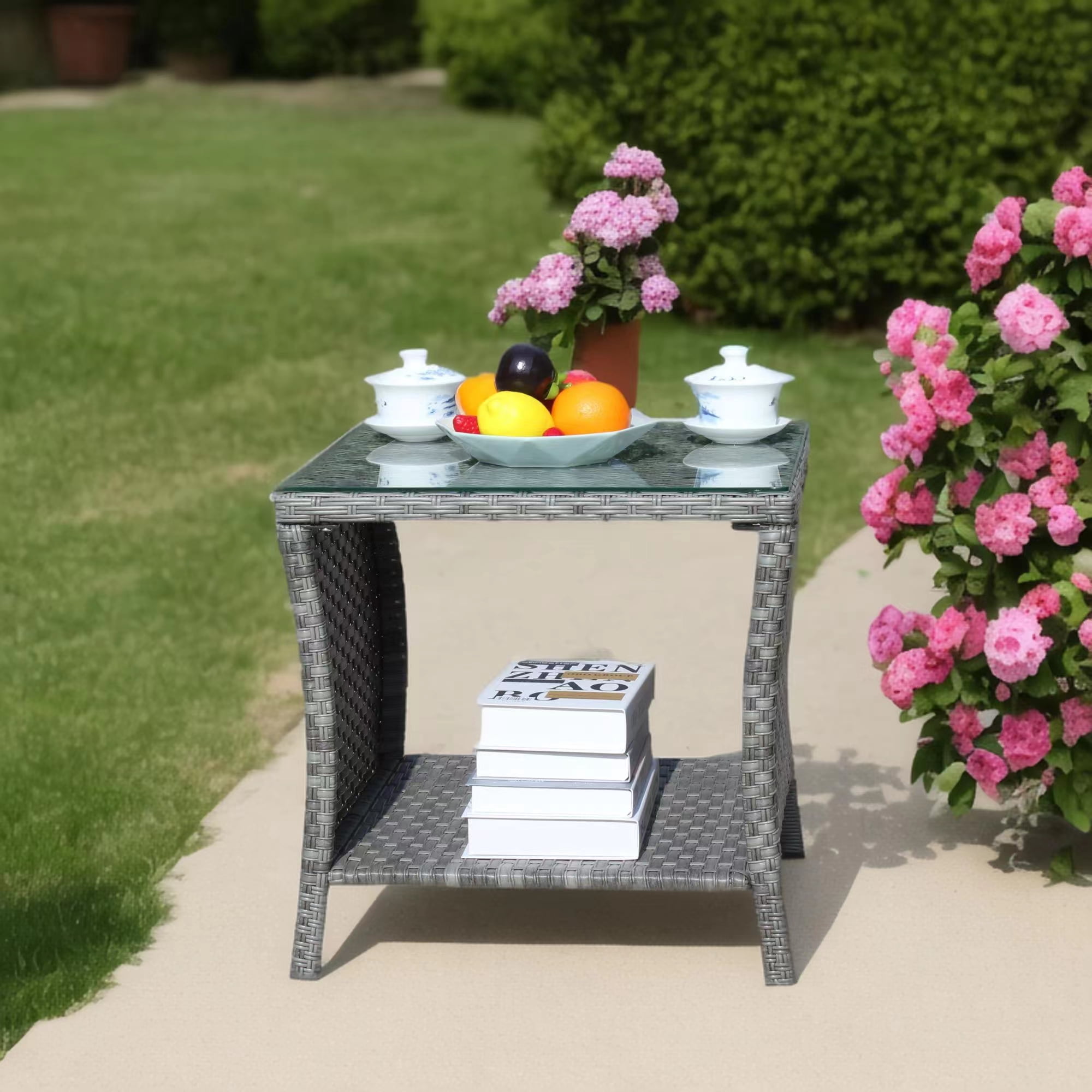 PE Rattan Outdoor Patio Coffee Table with 0.2 Inch Clear Tempered Glass Top, 19.25×19.25×21 Inch Steel Frame Side Table, 120LBS Weight Capacity Weather Resistant Garden Deck Table