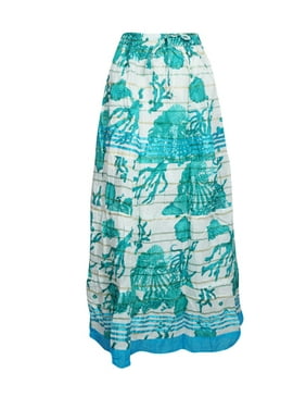 Mogul Women Blue Long Skirt Cotton Casual Summer Beach Flare Skirts S/M