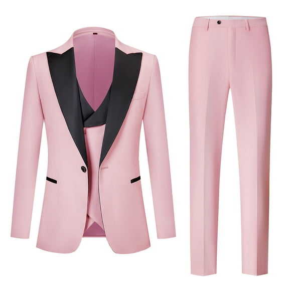 Mens Tuxedo Suits Slim Fit 3 Piece Classic Blazer Jacket for Prom Wedding Party Business Suit Vest Pants Set -Pink
