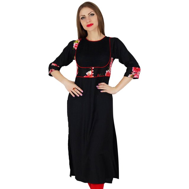 Bimba Kurta Kurti Droite Noire pour Femmes avec Empiècement Imprimé Tunique Chic Classique