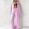 thumbnail image 4 of Uootdi Women's 2 Piece Matching Lounge Set Long Sleeve Oversized Button Down Shirt Drawstring High Waist Wide Leg Linen Pants Set, 4 of 6
