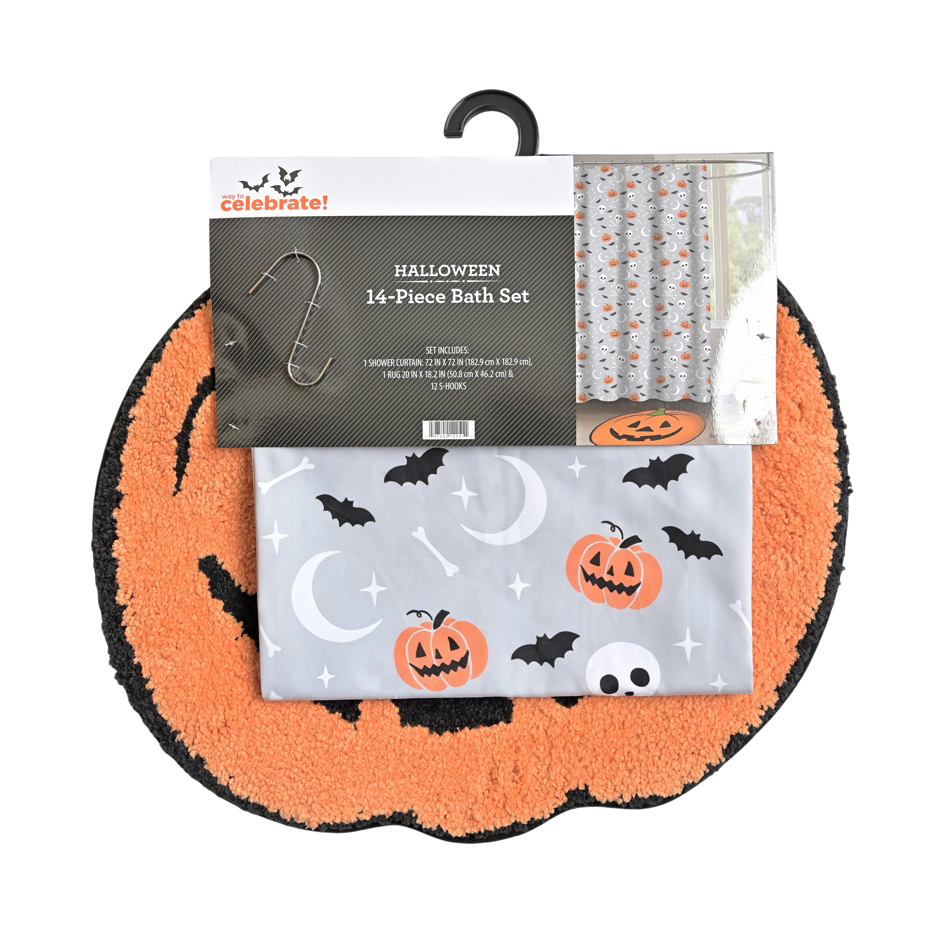 Way to Celebrate Skull & Bones 14-Piece Bath Set with Curtain, Bath Rug, and Hooks, 72" x 72" & 21" x 18"