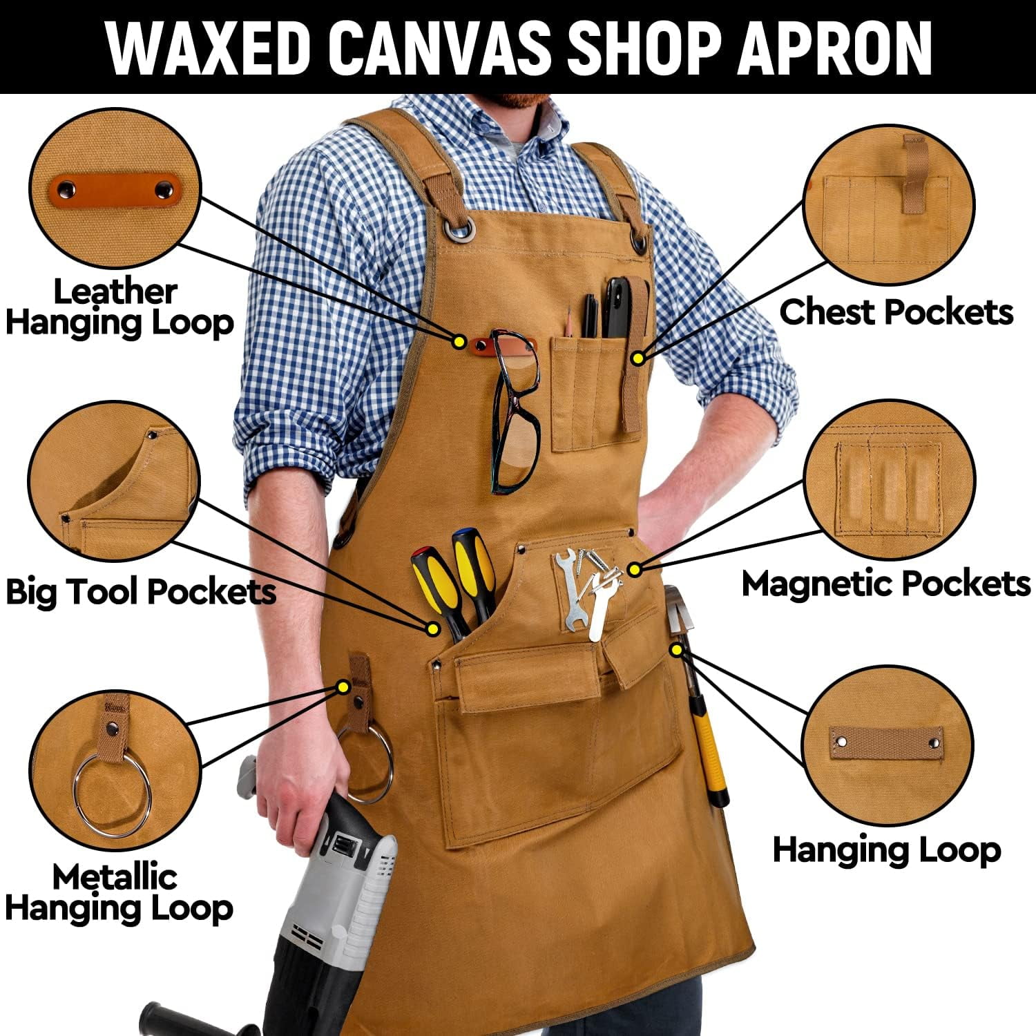 Woodworking Apron for Men 20 oz Work Apron for Men with 9 Tool Pockets, Heavy Duty Waxed Canvas Apron