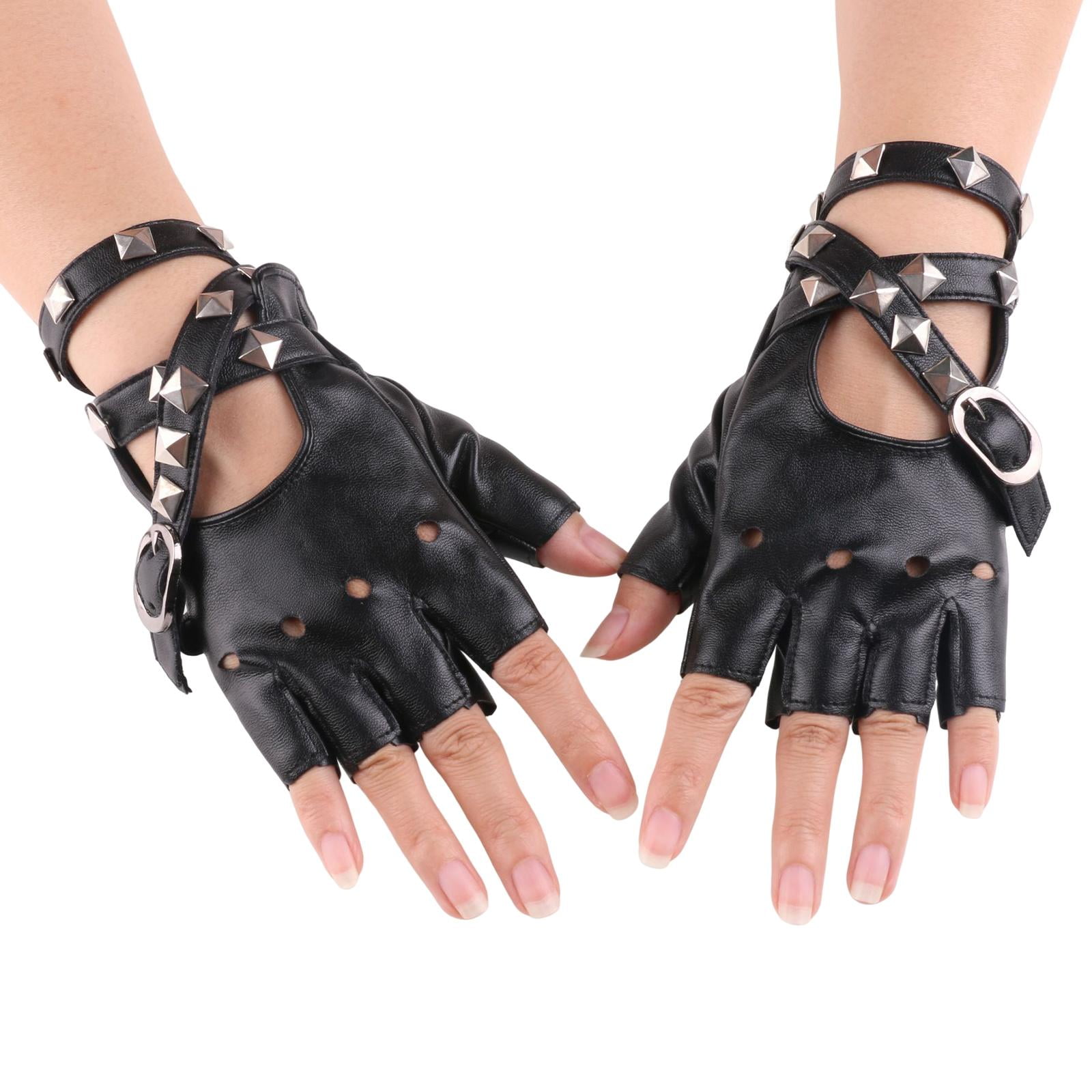 Leather Fingerless Gloves Biker Punk Gloves for Outdoor