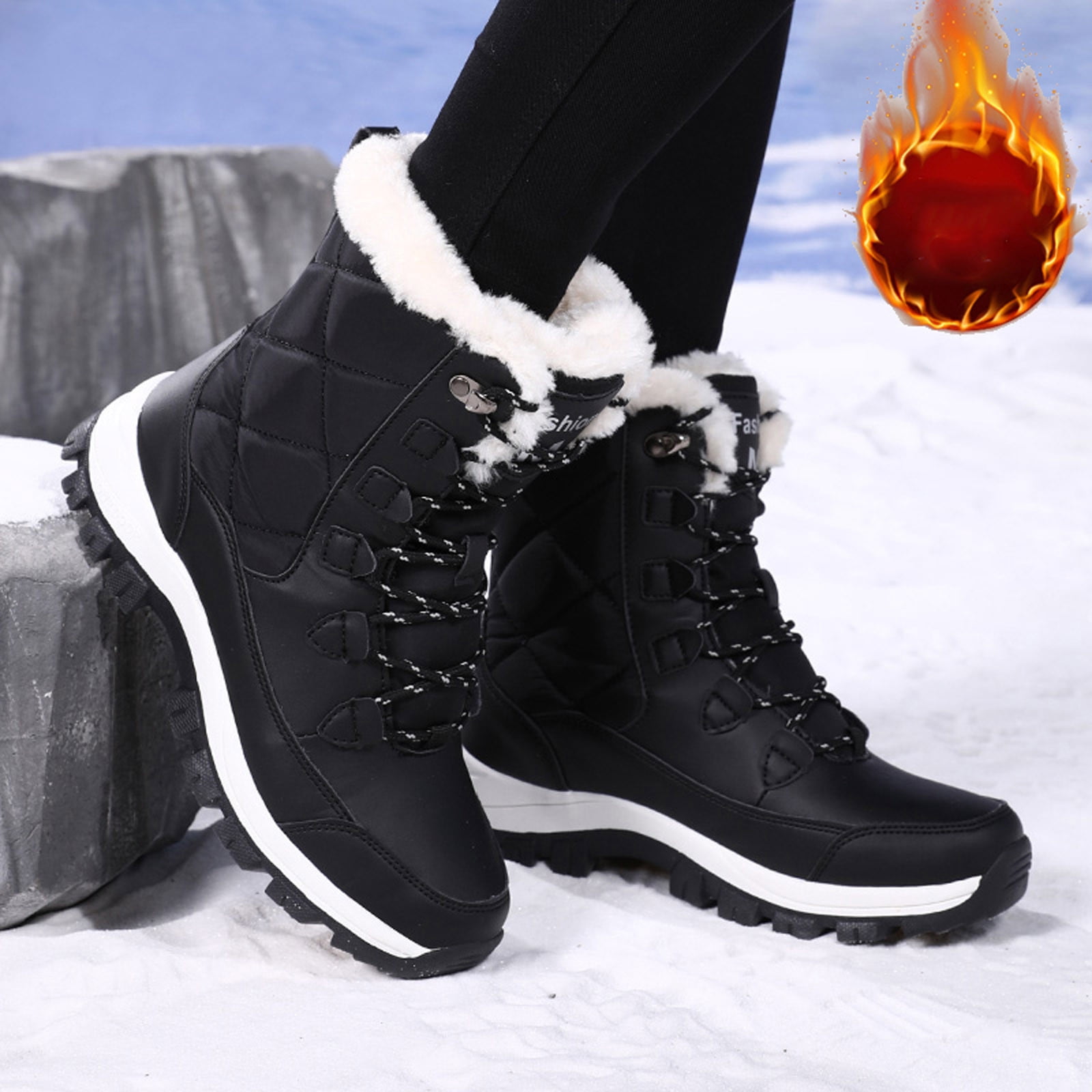 Gyexs Womens Snow Boots Waterproof Insulated, Womens Winter Shoes Wide, Adjustable, Bungee, Hiking, Bump Toe, Outerwear, Black, Size 7