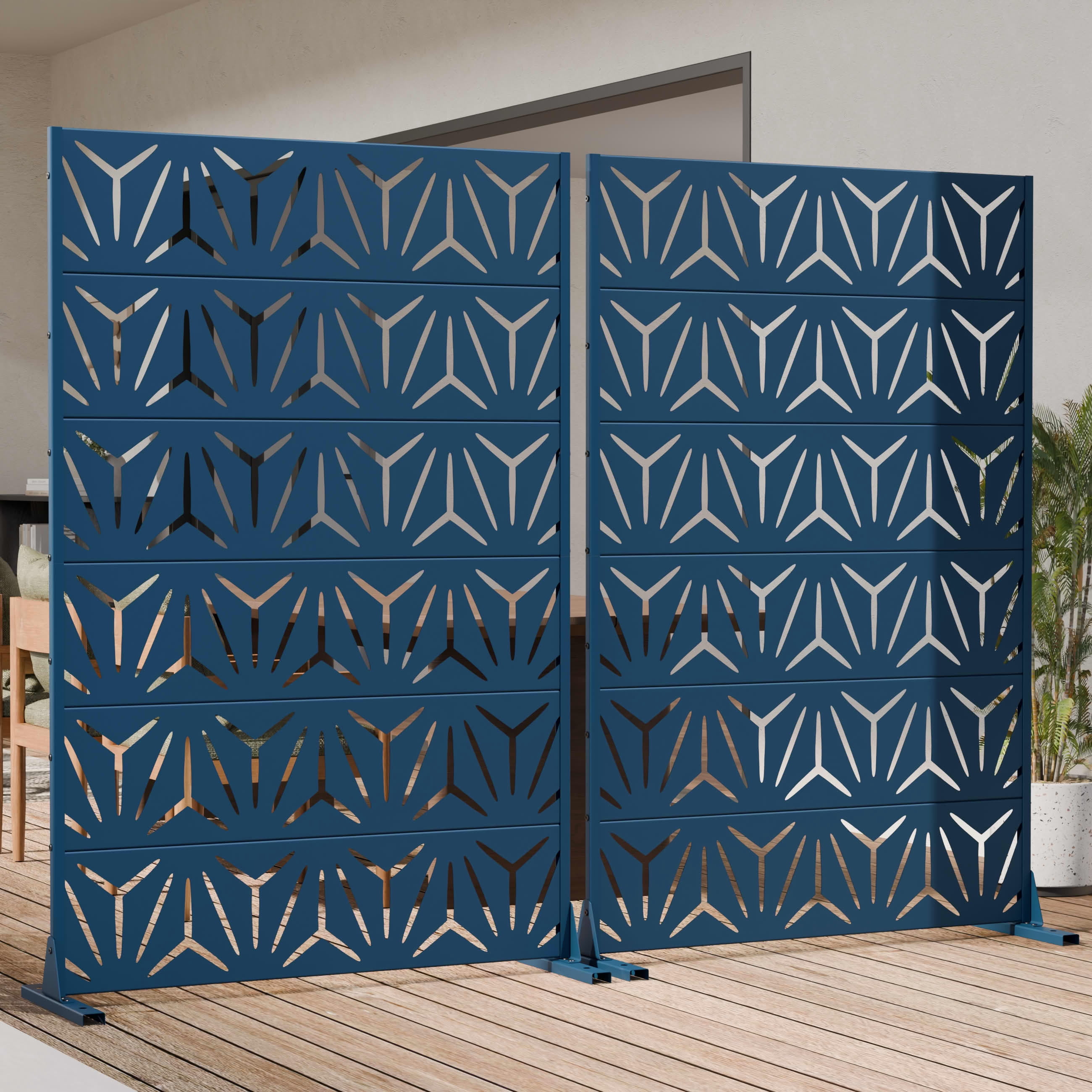 MAYEERTY Outdoor Metal Privacy Screen 6ft × 4ft Starry Night Blue, 6-Panel Geometric Y-Pattern Decorative Screen for Garden