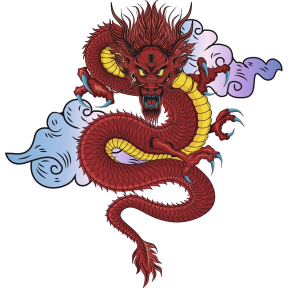 Oriental Chinese Red Dragon Roaring in the Clouds Vinyl Wall Decal - Mythical Beast of Ancient Imperial China with Symbol Soaring in the Sky Wall Decor - 28" x 28"