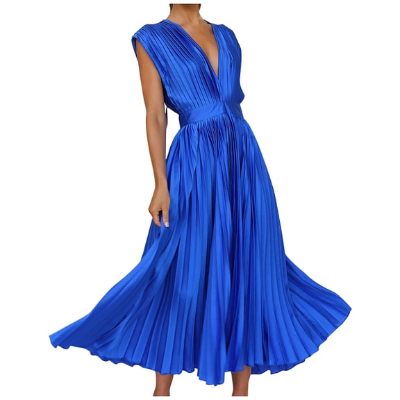 Qiopertar Women's Loose Sleeveless V-Neck Zipper Dress Backless Casual Party Beach Vacation Fashion Dress, Blue S