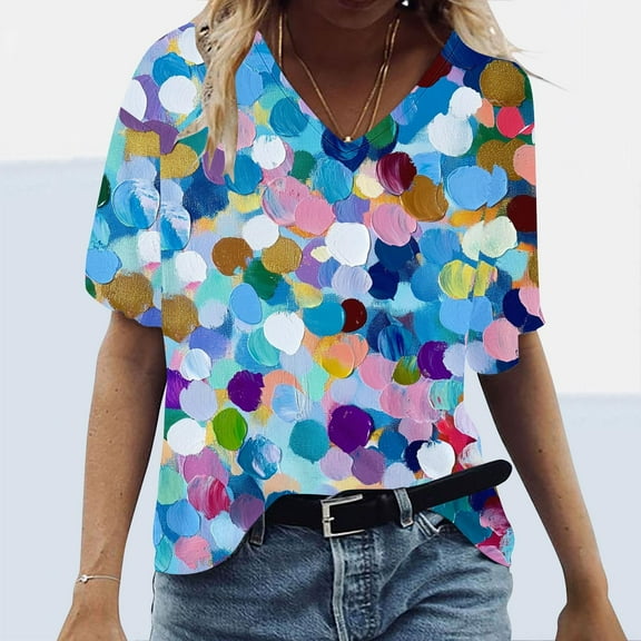 Inverlee Colorful Printed Short Sleeve Shirts for Women Plus Size Casual V Neck Tops Summer Trendy Loose Fit Blouse