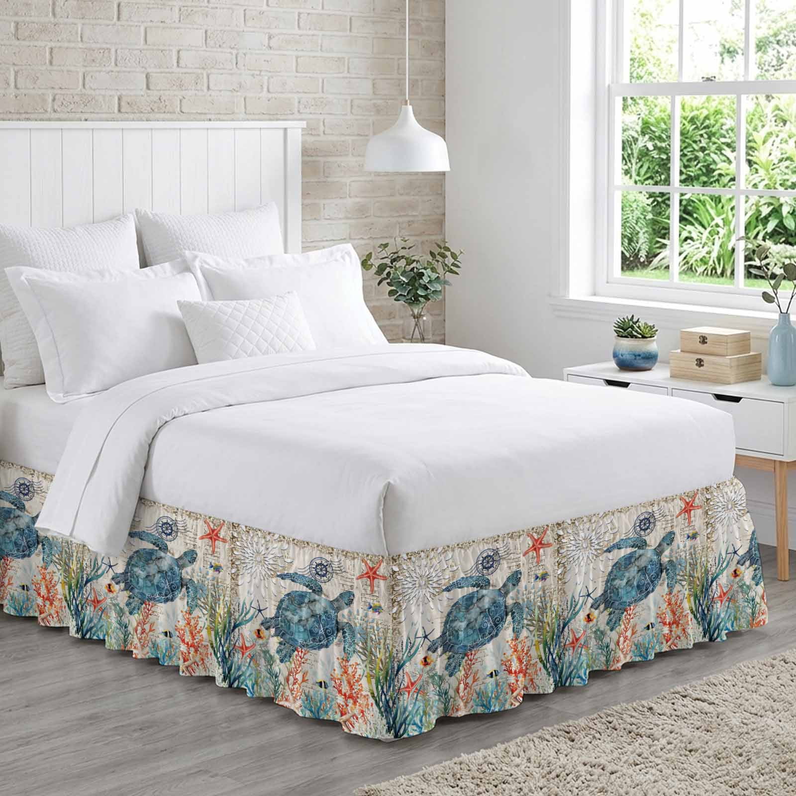 Sea Turtle Coastal Bed Skirt Queen Size 16 Inch Drop, Adjustable & Elastic Wrap Around Bed Skirts Pleated Dust Ruffles For Twin Full Queen Cal King Base Beds, Vintage Beach Coral Starfish Nautical