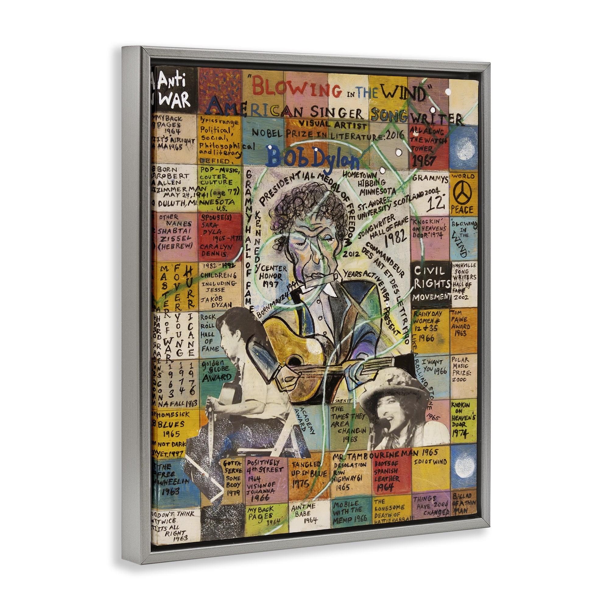 Stupell Industries Bob Dylan Collage People Drawing Gray Floater Framed Canvas Art Print Wall Art, 25 x 31