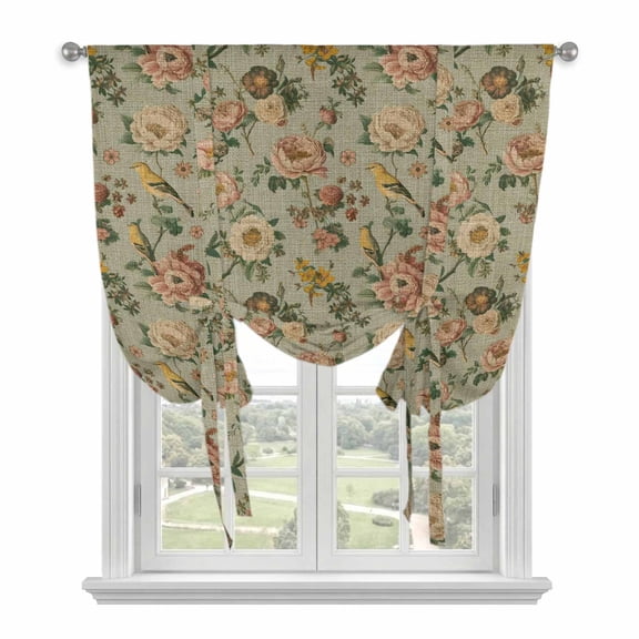 Vintage Spring Floral Tie Up Curtains 45 Inches Long, Kitchen Window Curtains Over Sink, Farmhouse Flowers Green Vintage Small Window Curtains Shade Balloon Curtains Valances for Bedroom/Cafe 34"x45"