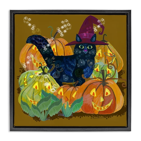 Stupell Industries Cat with Jack-o-Lanterns Animals Painting Black Floater Framed Canvas Art Print Wall Art, 18 x 18