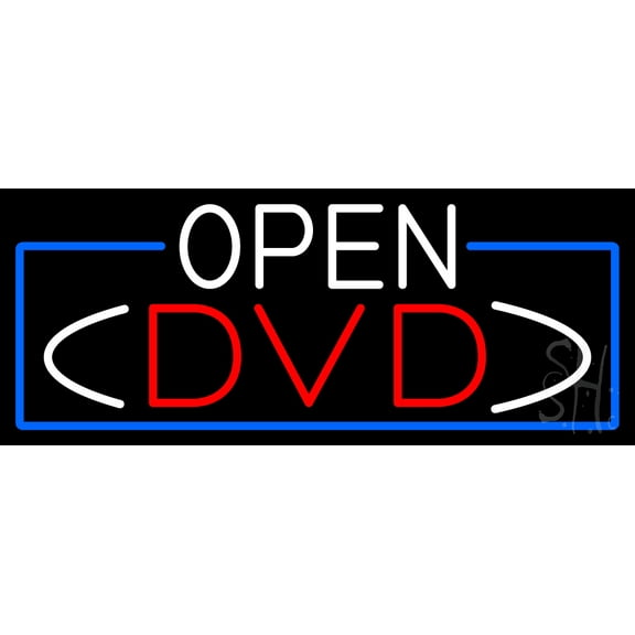 Open Dvd With Blue Border LED Neon Sign 13 x 32 - inches, Clear Edge Cut Acrylic Backing, with Dimmer - Bright and Premium built indoor LED Neon Sign for Computer & Electronics store decor.