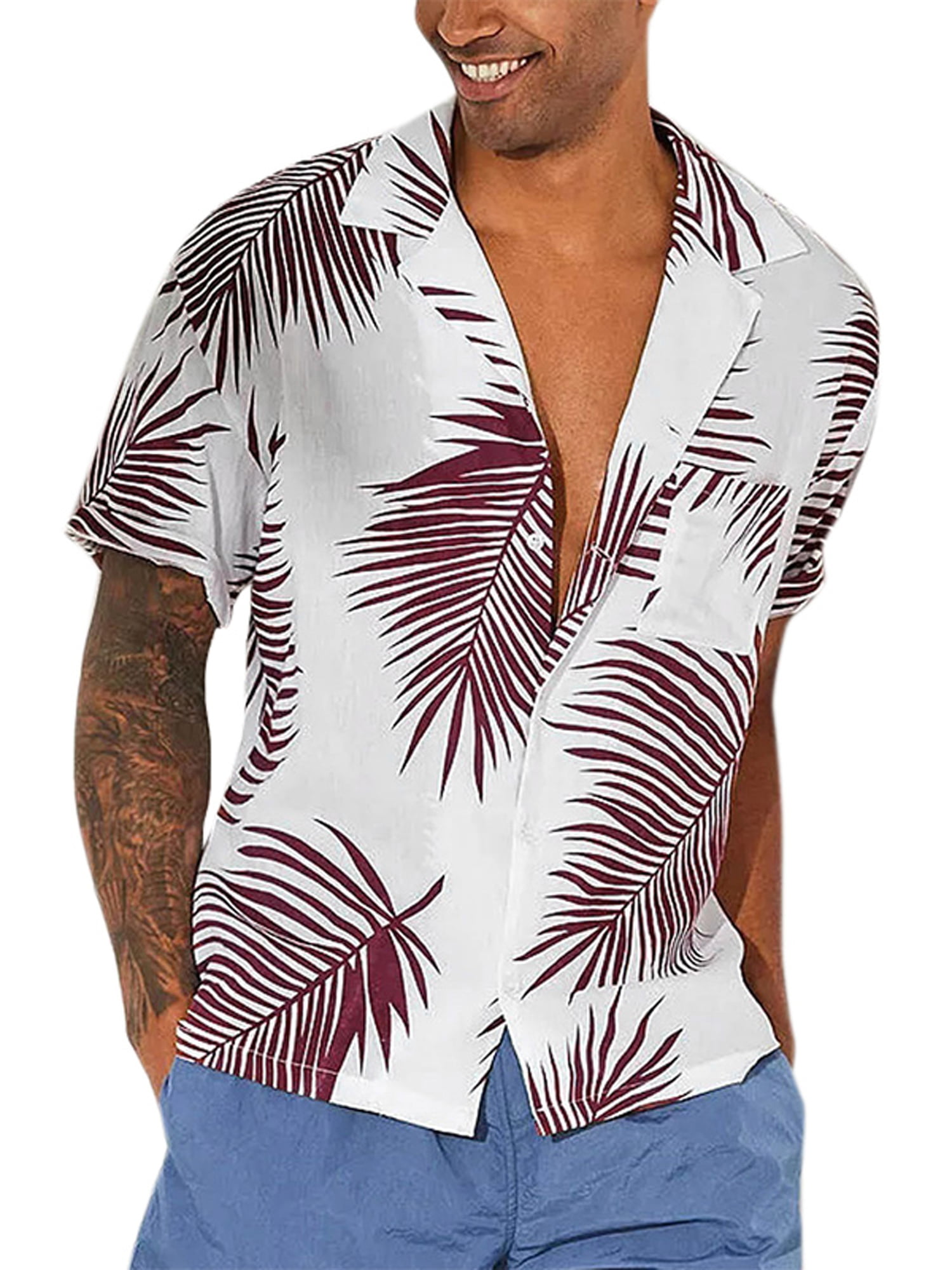 Lallc - Men's Hawaii Short Sleeve Buttons Turndown Collar Loose Shirts ...