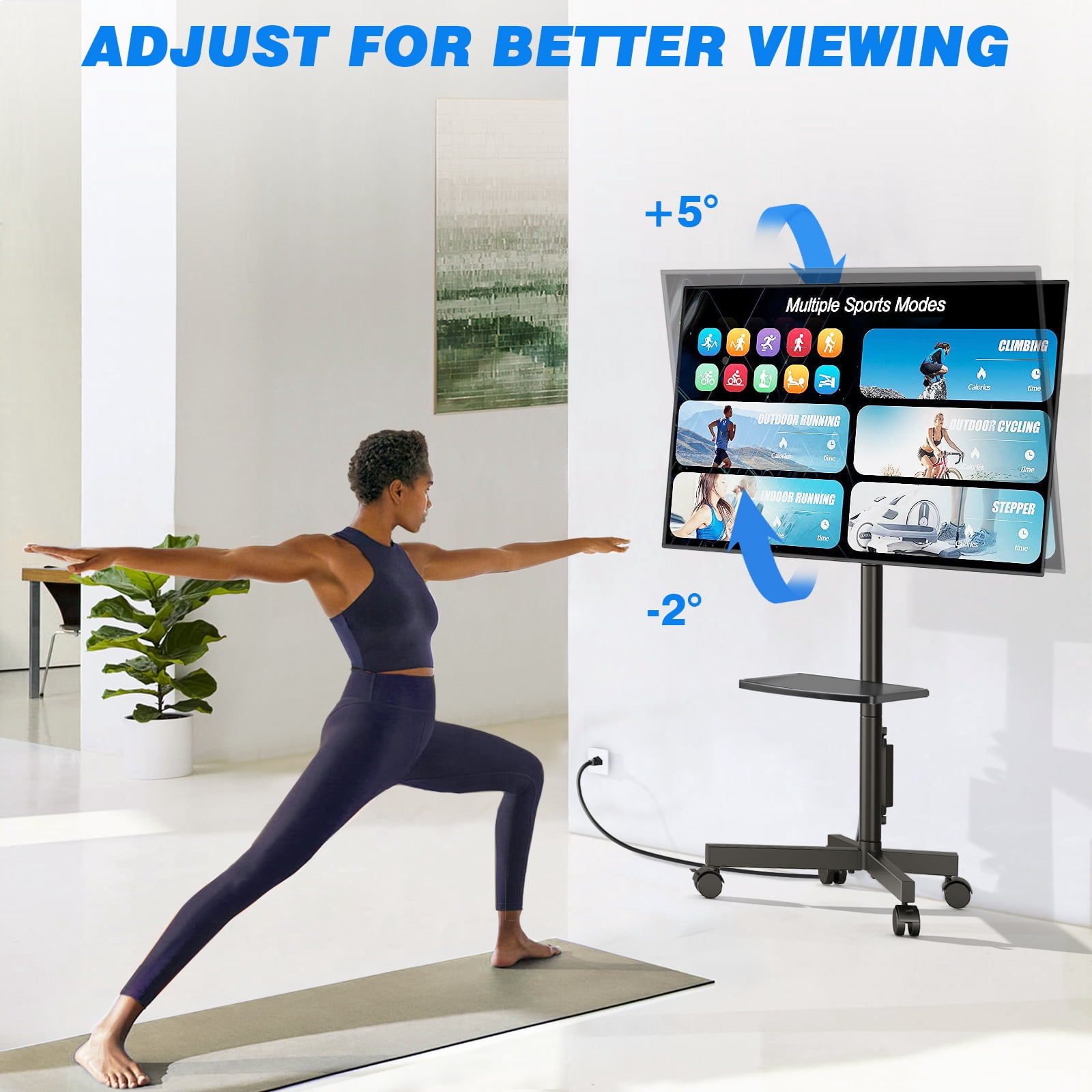 RTVR Rolling TV Cart Stand for 32 to 65 inch Flat Panel Screens with Power Outlet, Mobile TV Stand Modern Black