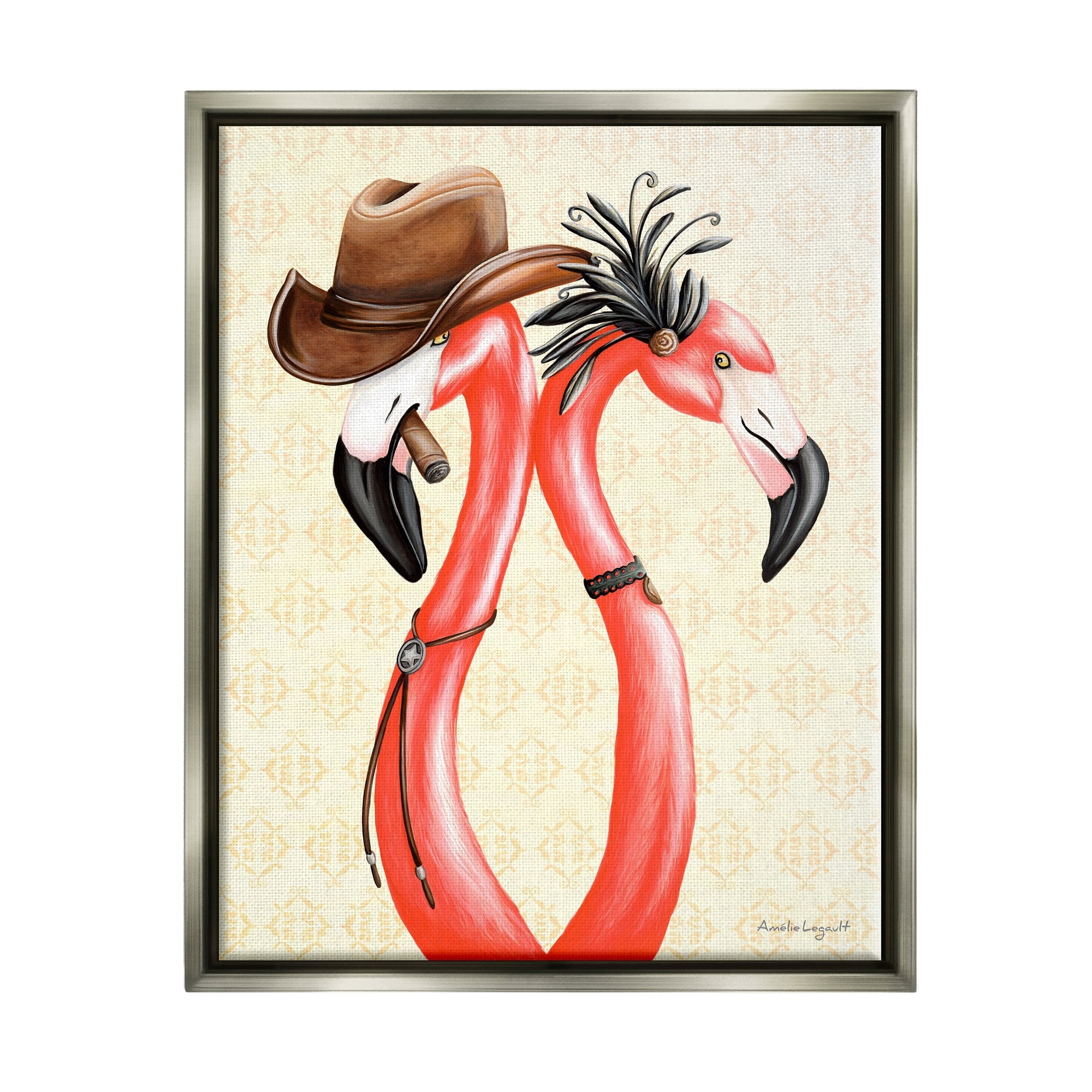 Stupell Industries Vintage Flamingos Cowboy Hat Antique Fashion Outfit Graphic Art Luster Gray Floating Framed Canvas Print Wall Art, Design by Amelie Legault