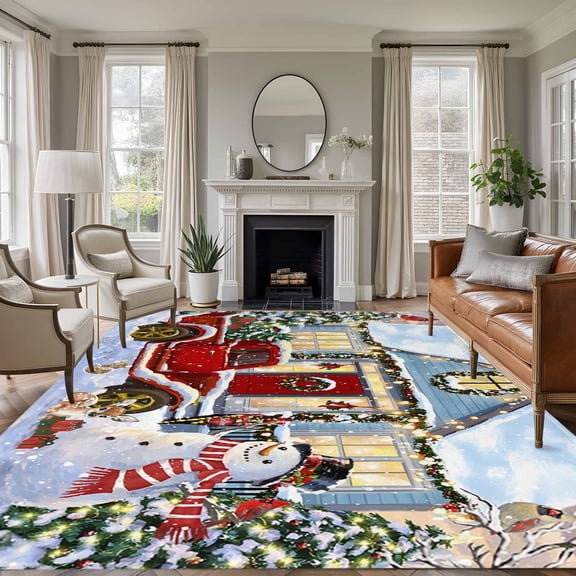 8x10 Area Rugs for Living Room, Red Christmas Non Slip Area Rugs for Kitchen Bedroom Entryway, Snowman Truck Snowflake Xmas Tree Washable Carpet Runner Rug Floor Mats for Bedroom Home Decor