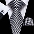 thumbnail image 3 of Hi-Tie Mens Black White Plaid Ties Classic Houndstooth Necktie with Handkerchief Cufflinks Set Business, 3 of 7