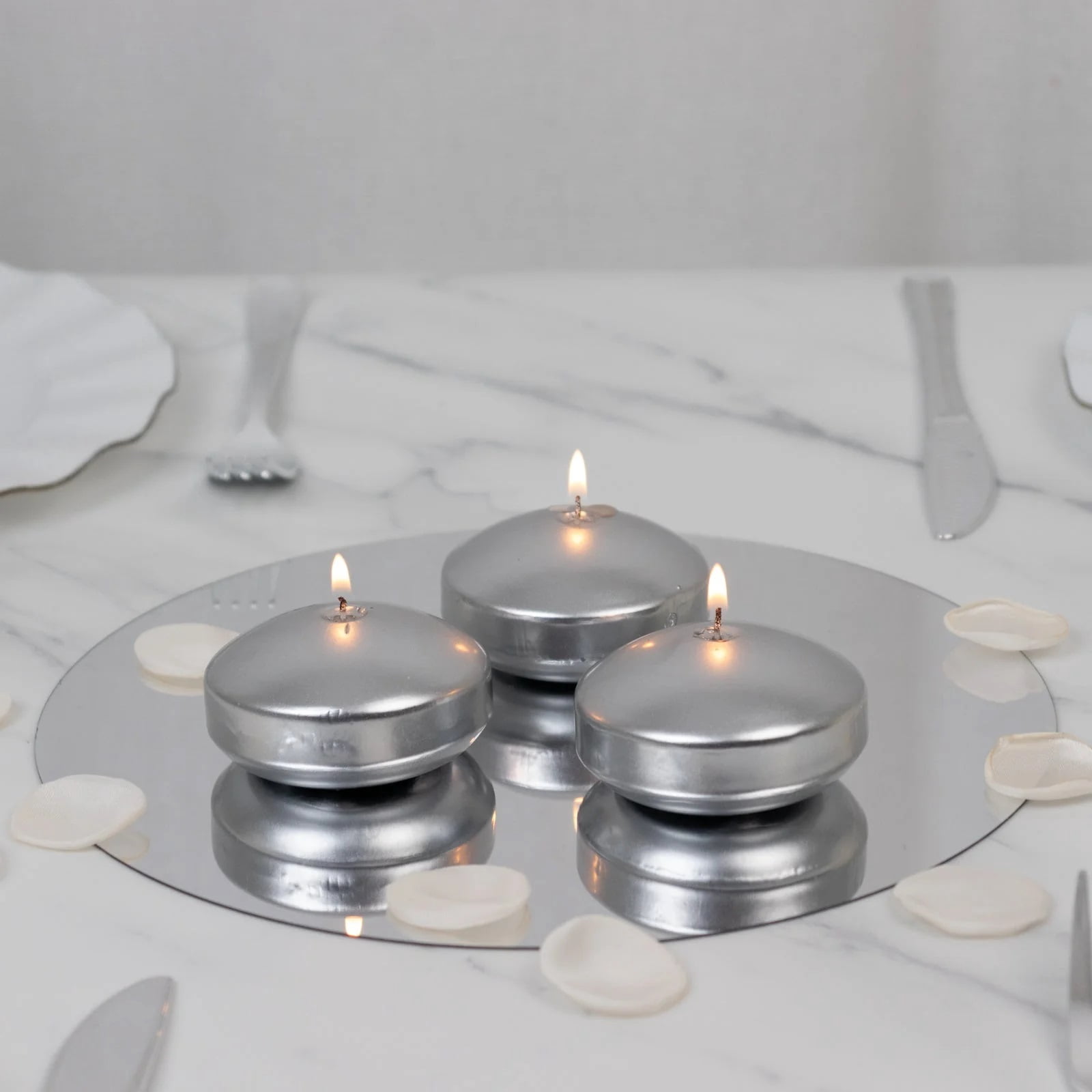 Balsa Circle 12 Silver 3 in Round Unscented Floating Candles Dripless Wax Discs Party Wedding Table Centerpieces Event Decorations Supplies