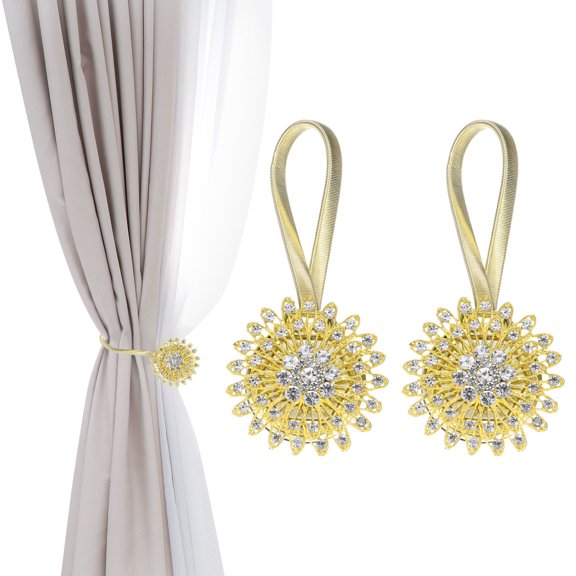 Magnetic Curtain Tie Backs, 2 Pack Sparkling Rhinestone Flower Curtain Tiebacks Crystal Drapery Holdbacks Buckle for Home Office, Gold