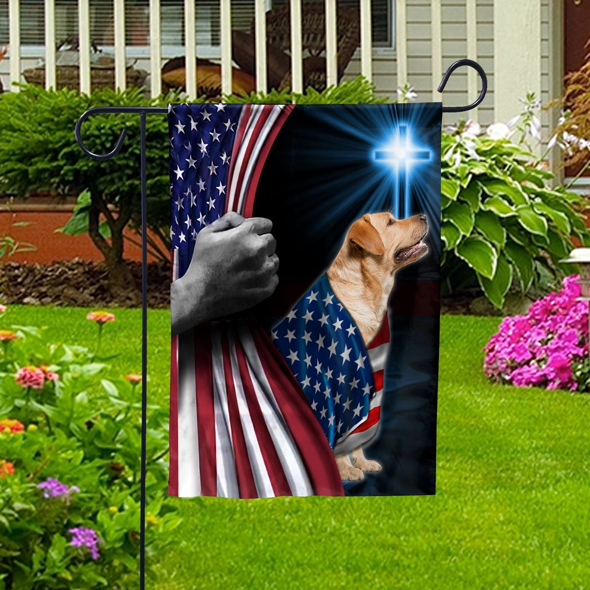 Hand Pulling USA Flag Labrado Dog Wearing Flag American Standing under Cross Christian Patriotic House Flag (3x5) Double Sided- Premium Polyester-Decorative Indoor Outdoor Flag