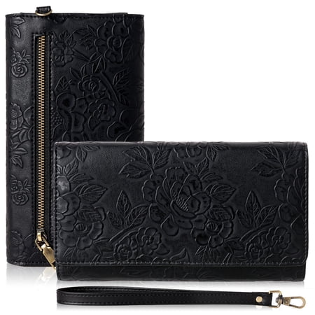 GAEKEAO Women’s Trifold Wallet Rfid Blocking Vegan Leather Wristlet with 3 ID Windows