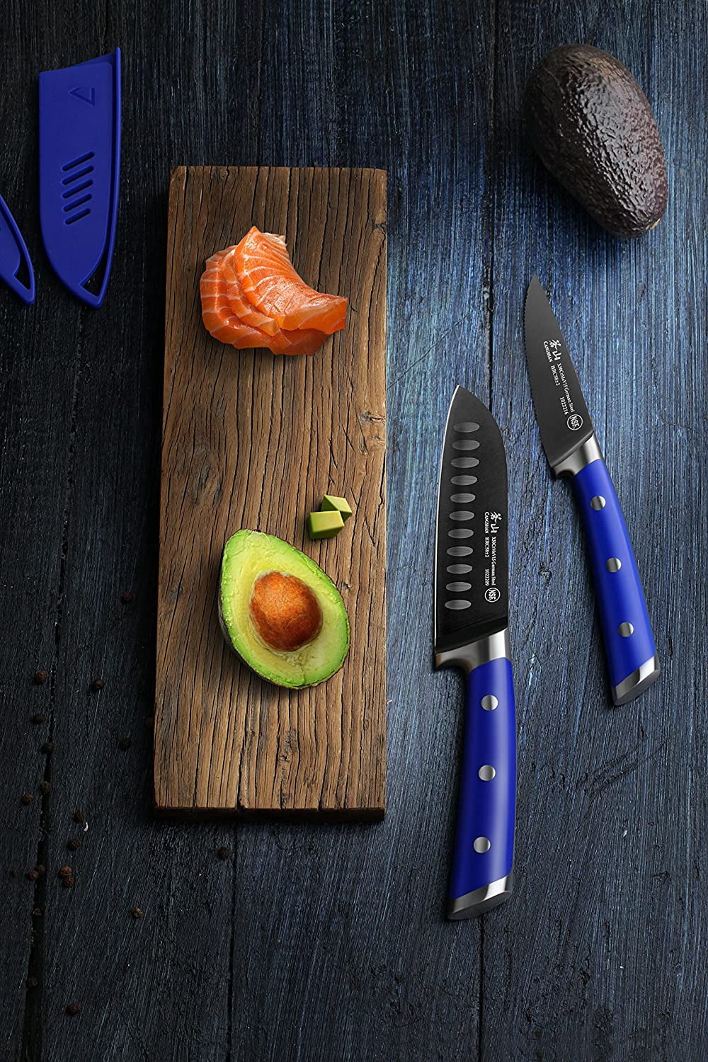 Cangshan S+ Series German Steel Forged 2-Piece Titanium Coated Santoku Starter Knife Set with Sheaths, Atlantic Blue