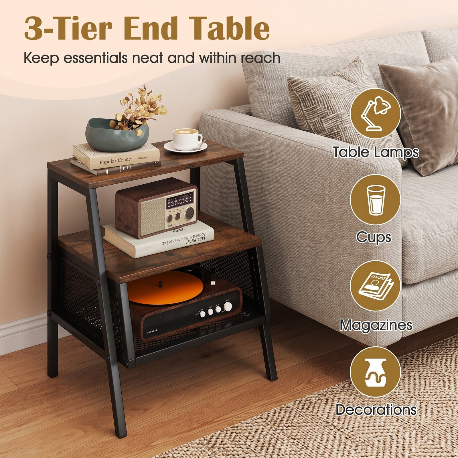 Furnibear Industrial Nightstand 3 Tier End Table with 2 Open Shelves and Metal Mesh Compartment for Bedroom, Rustic Brown