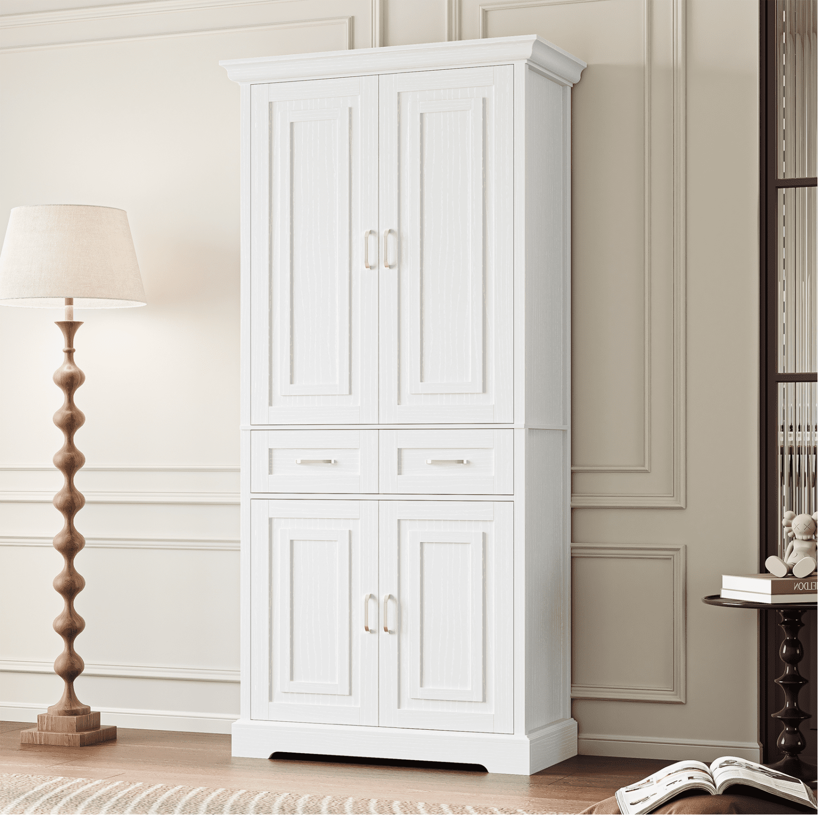 Homfa 70.9'' Tall Kitchen Pantry with 4 Doors, 2 Drawer Modern Freestanding Storage Cabinet for Dining Room Living Room, White