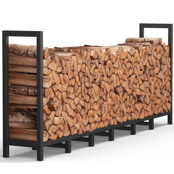 8ft Heavy-Duty Firewood Rack with 14 Support Legs - Adjustable Length Log Stacker Stand for Indoor/Outdoor Use, Black