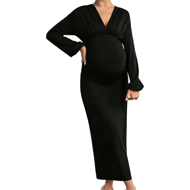 Stamzod Maternity Dress for Photoshoot V Neck Long Sleeve Bodycon Cocktail  Dress Pregnancy Wedding Guest Dresses for Women Black B XL - Walmart.com