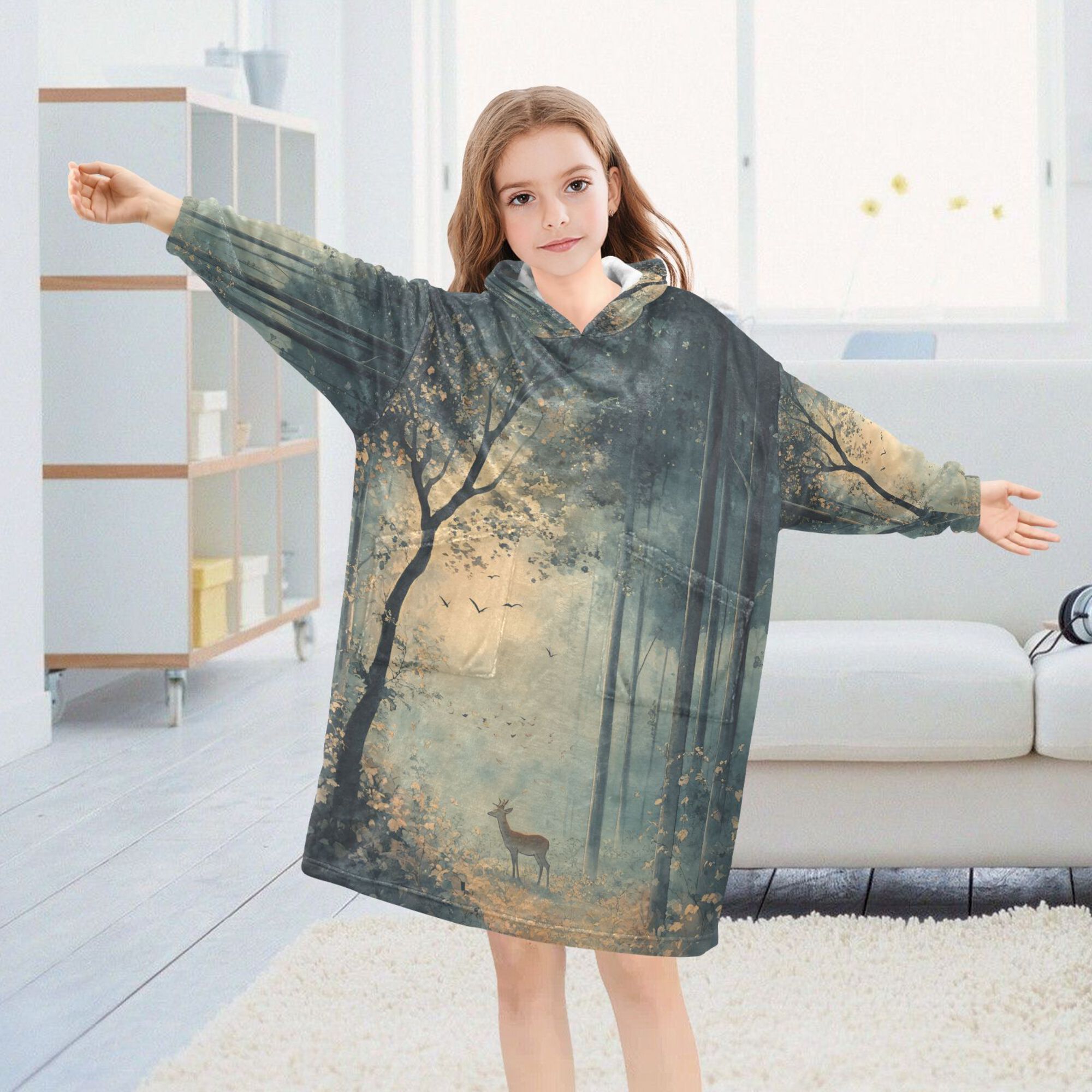 FORMRS Wearable Blanket Hoodie with Sleeves for Kids Cozy Flannel Sweatshirt, Retro Forest