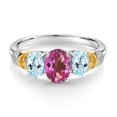 thumbnail image 2 of Gem Stone King 925 Sterling Silver and 10K Yellow Gold Oval Pink Mystic Topaz Sky Blue Topaz and White Diamond 3 Stone Ring for Women (2.33 Cttw, Gemstone Birthstone, Size 5), 2 of 3