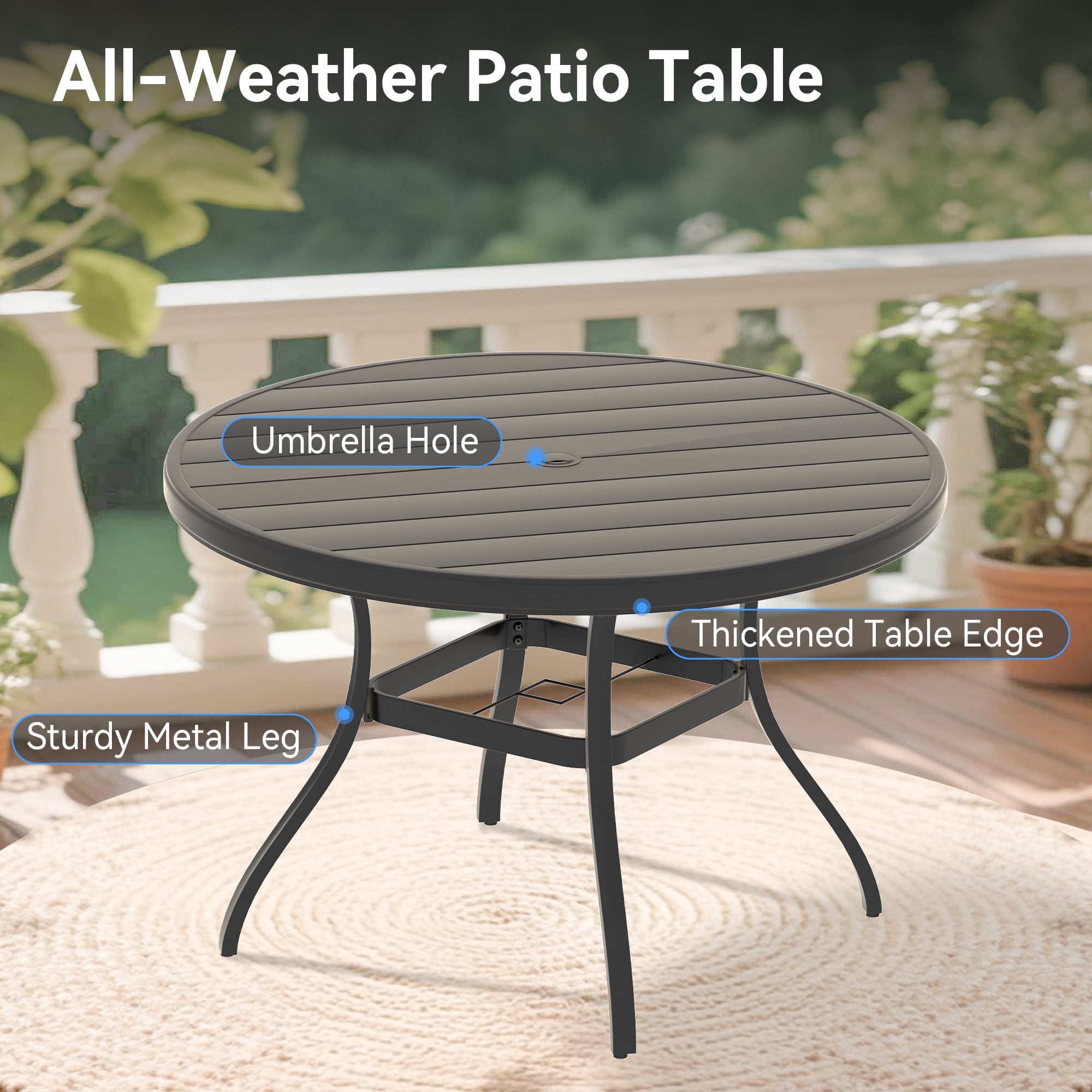 Outdoor Round Patio Dining Table for 4-6, All Weather Metal Dining Table with Umbrella Hole for Deck Lawn Garden Backyard