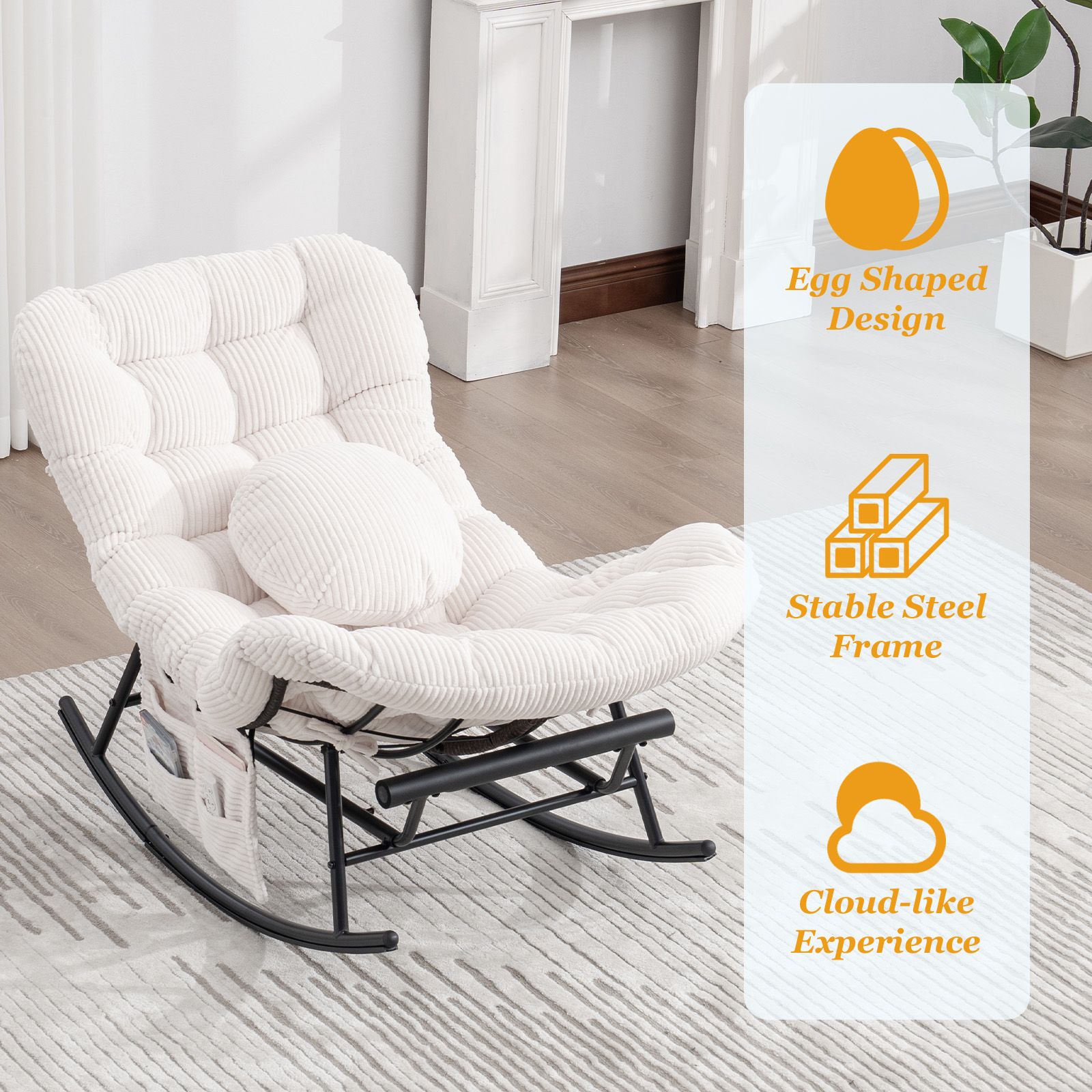 MOONMISS Rocking Chair with Thick Cushion and Footrest,Large Wicker Patio Rocker,Sturdy Steel Frame Lounge for Indoor/Outdoor