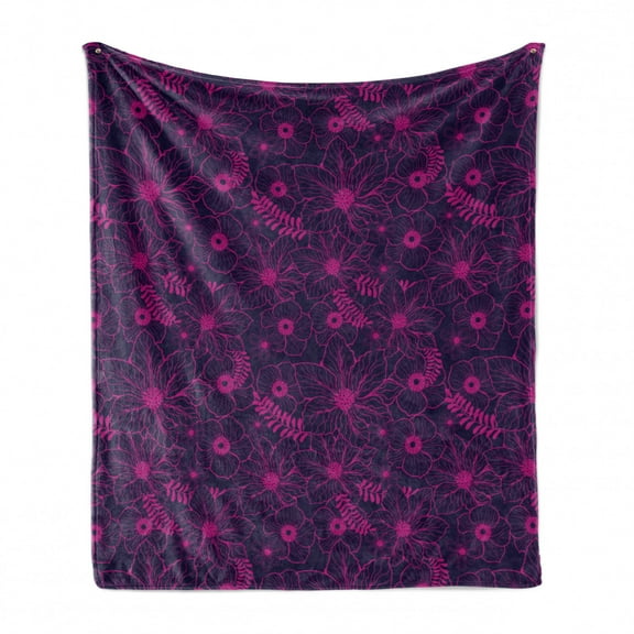 Vintage Floral Soft Flannel Fleece Blanket, Abstract Natural Motifs Flowers Detailed Petals in Monochrome Style, Cozy Plush for Indoor and Outdoor Use, 50" x 70", Magenta and Indigo, by Ambesonne