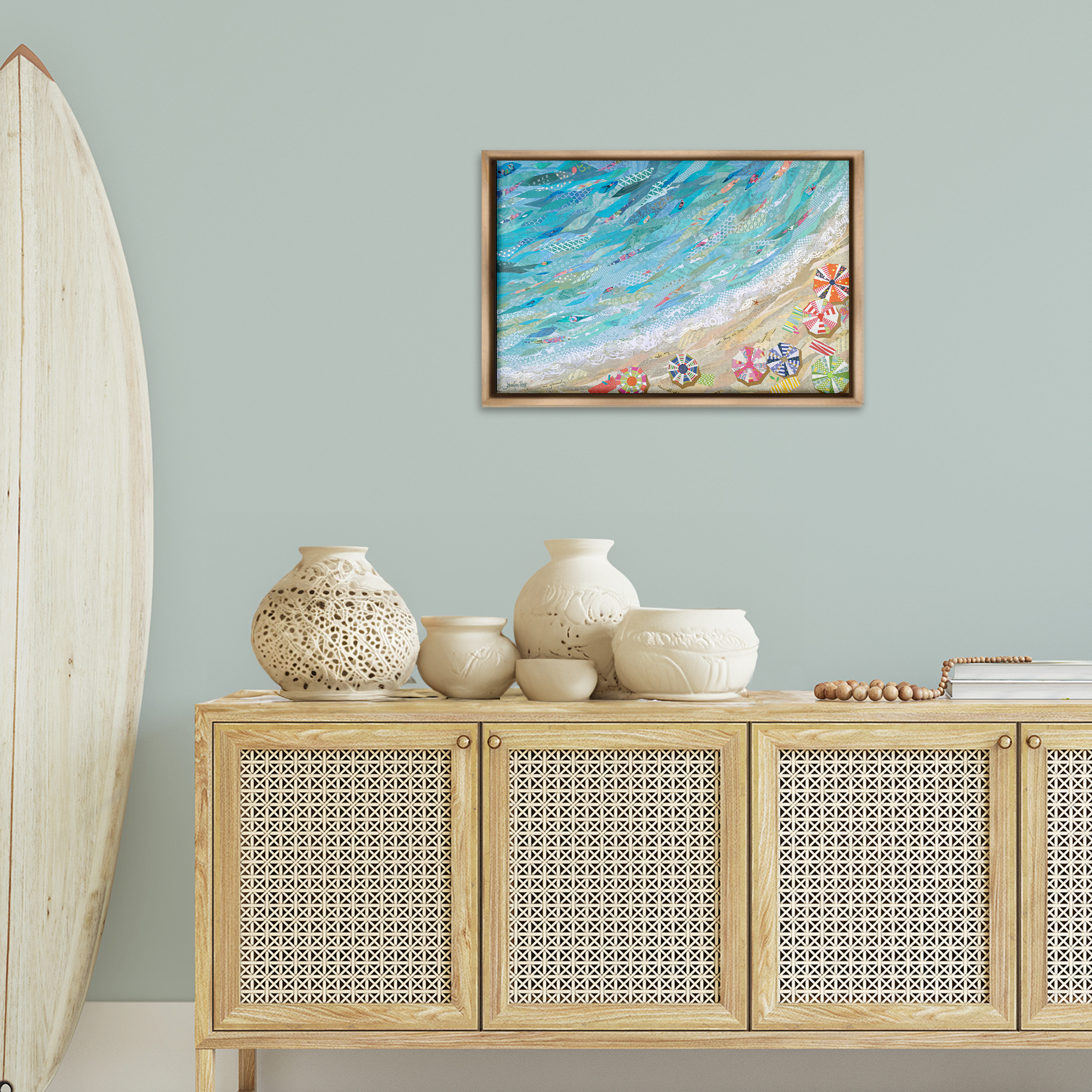 Stupell Industries Collaged Aerial Beach View Coastal Painting Brown Floater Framed Canvas Art Print Wall Art, 25 x 17