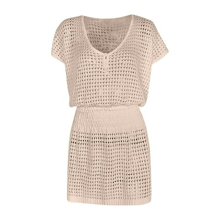 Ashirexll Summer Dresses for Women 2025 Swimsuit Beachwear Loose Solid Color Hollow Out Knit Bikini Cover-Up Beige M