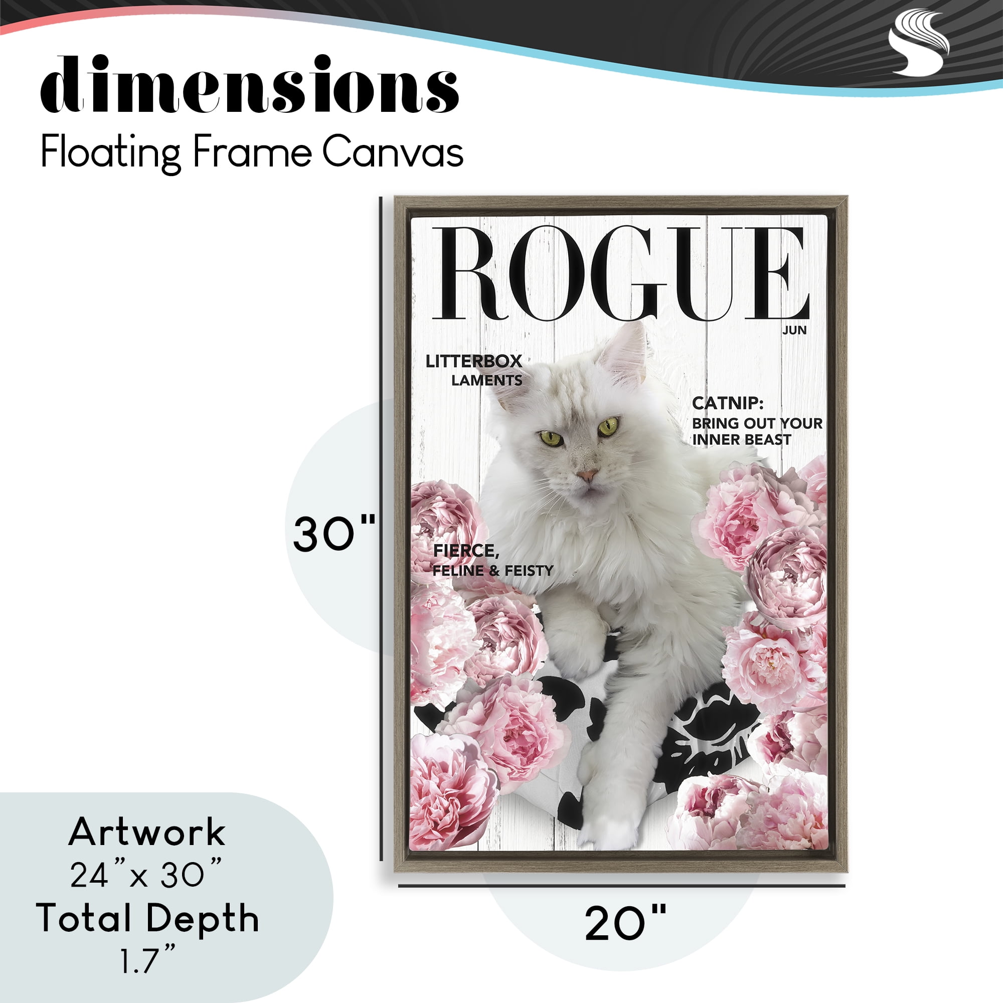 Funny Floral Cat Magazine Brown Framed Floater Canvas Wall Art, design by Sasha