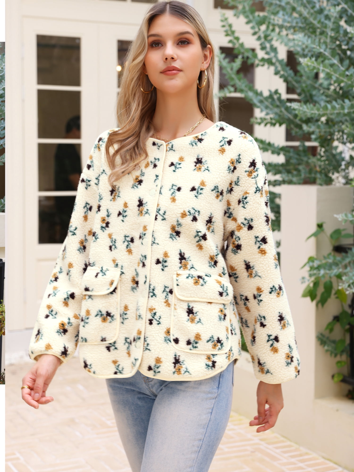 DARING DIVA Fleece Jacket Floral Print Long Sleeve Outwear M Beige