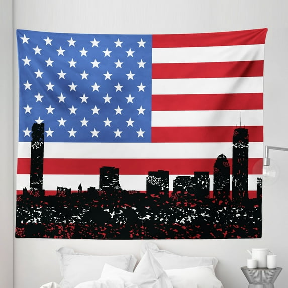 Boston Tapestry, Scattered Skyline of Buildings on Vibrant Color US Flag Background, Fabric Wall Hanging Decor for Bedroom Living Room Dorm, 5 Sizes, Cobalt Blue Black, by Ambesonne